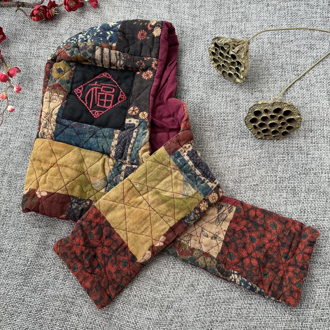 【语禾】3003冬季保暖帽子围巾一体双面戴福字刺绣夹棉护脖帽巾