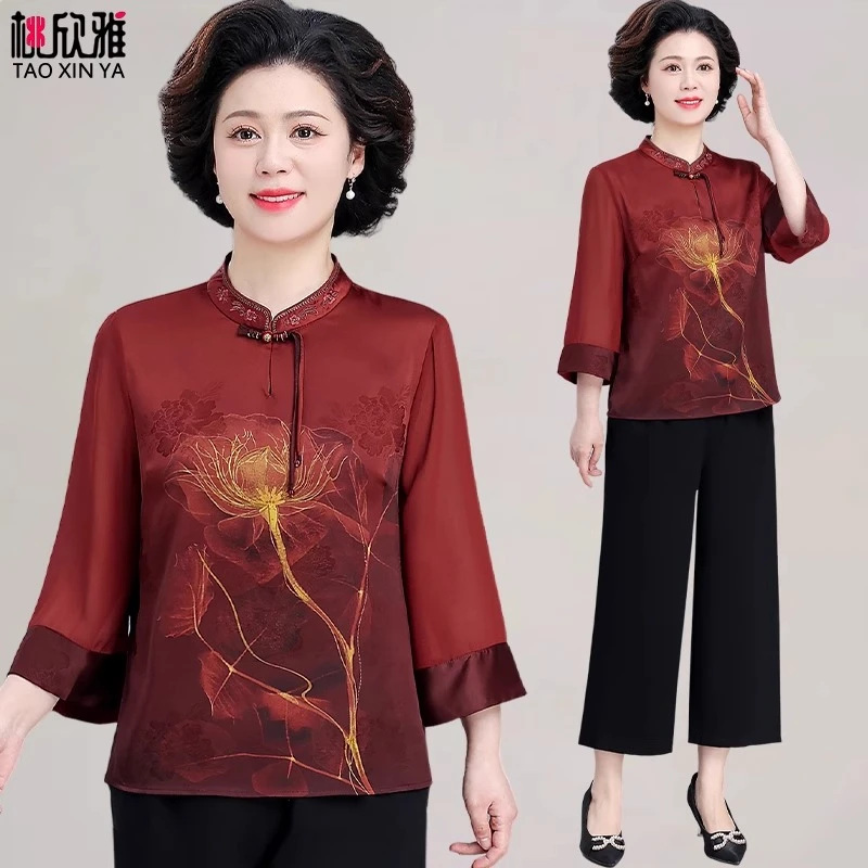 中年妈妈夏装套装洋气小衫阔太太中老年女春夏季雪纺衫七分袖上衣