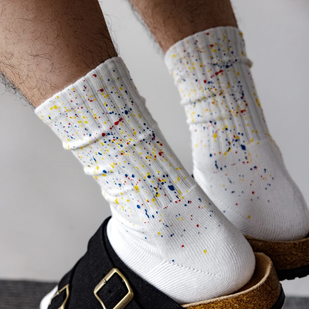 潮品拓荒者日系泼墨毛巾底堆堆秋冬透气运动百搭情侣袜子男款