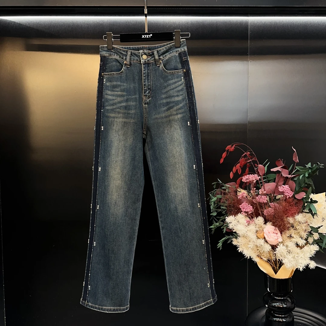 《高端定制》重工侧边带钻牛仔裤