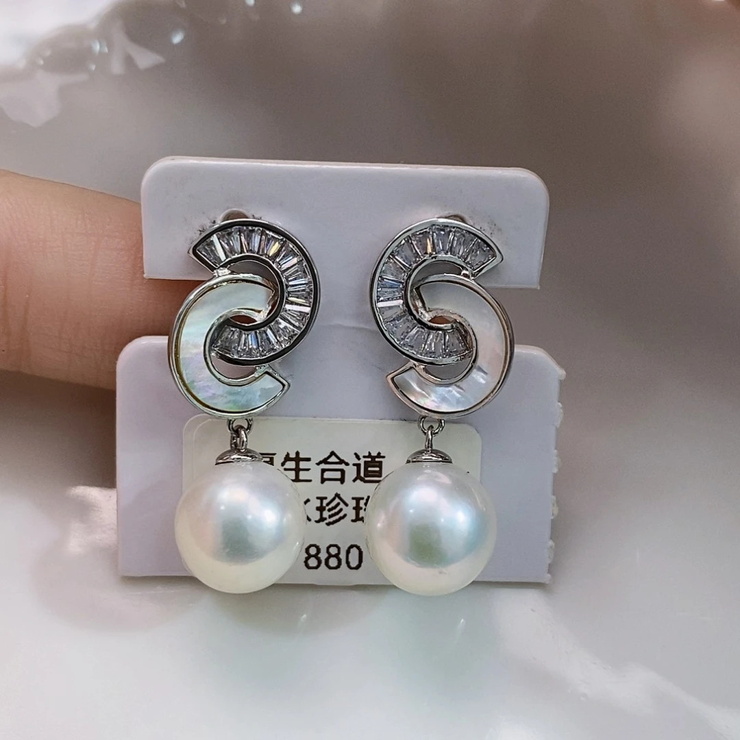 银S925镶嵌特价极光耳饰11-12m m淡水珍珠