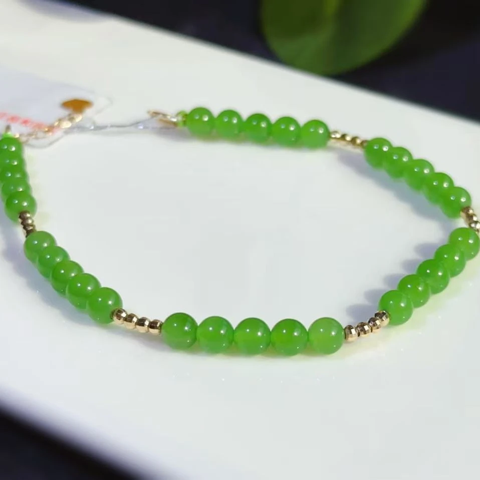和田玉苹果绿圆珠手链18K金镶嵌