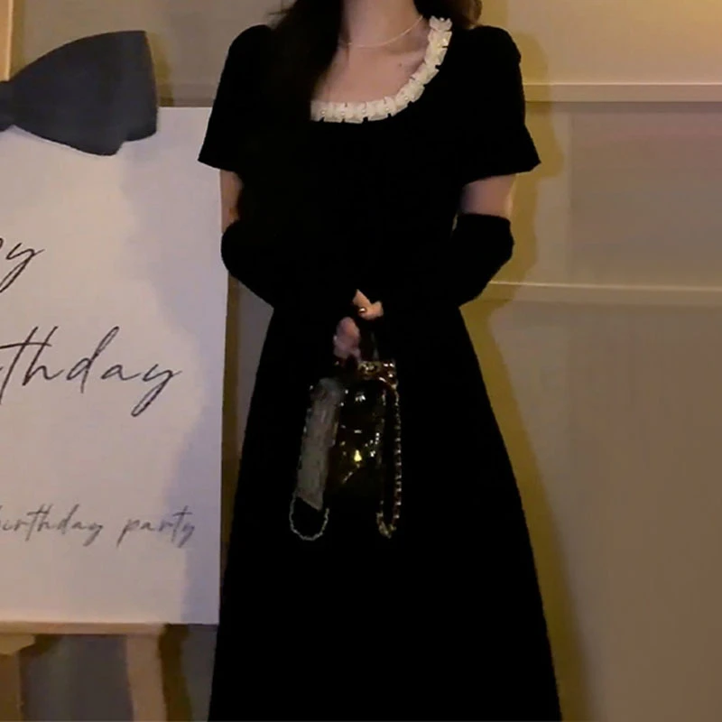 法式赫本风高级感长裙子收腰显瘦袖套丝绒连衣裙女2025新款