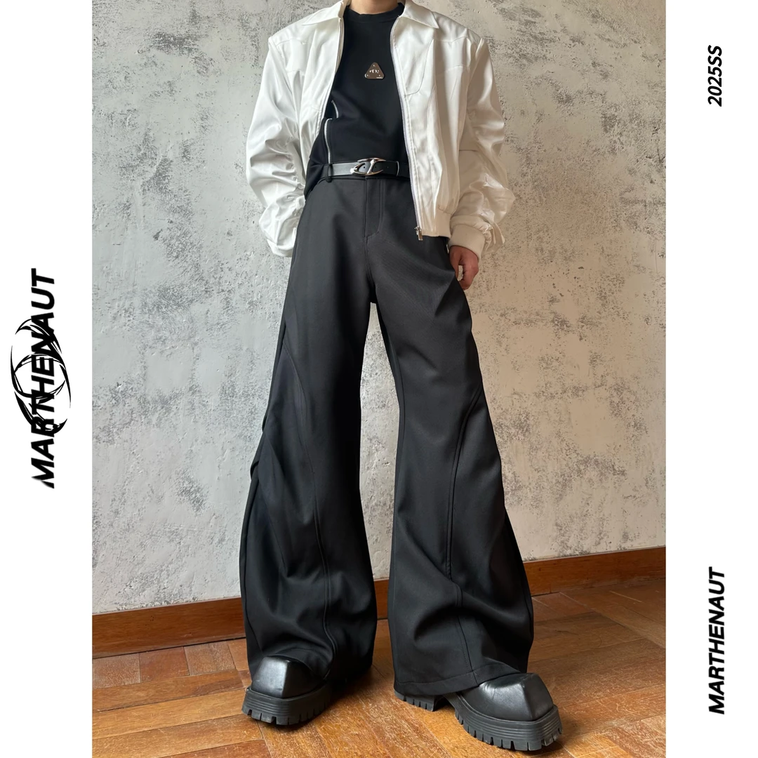 MARTHENAUT小众设计感压褶休闲西裤春季纯色宽松直筒拖地阔腿长裤