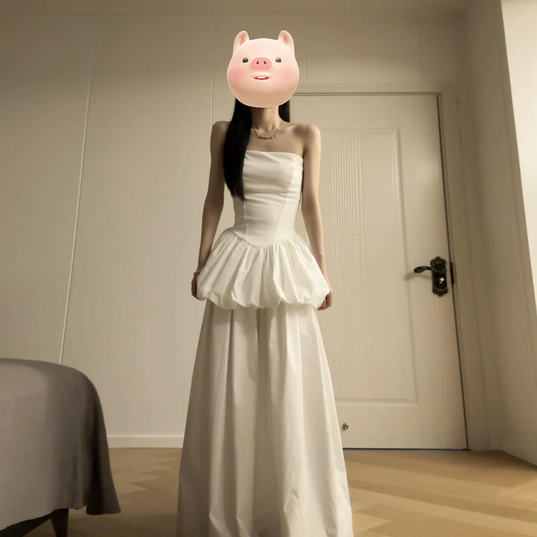 一字肩抹胸白色连衣裙子女夏季2025新款花苞长裙特别漂亮掐腰套装