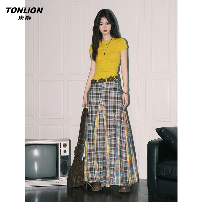 唐狮新款撞色格纹百褶半身裙女夏季高腰度假风A字大摆气质长裙子