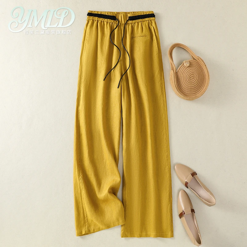 黄色亚麻阔腿裤女夏薄款2025新款高腰抽绳休闲裤慵懒松弛感直筒裤
