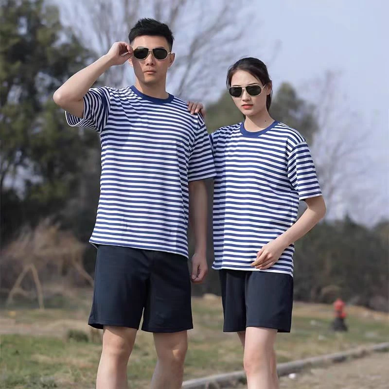 蓝色条纹体能训练服短袖套装