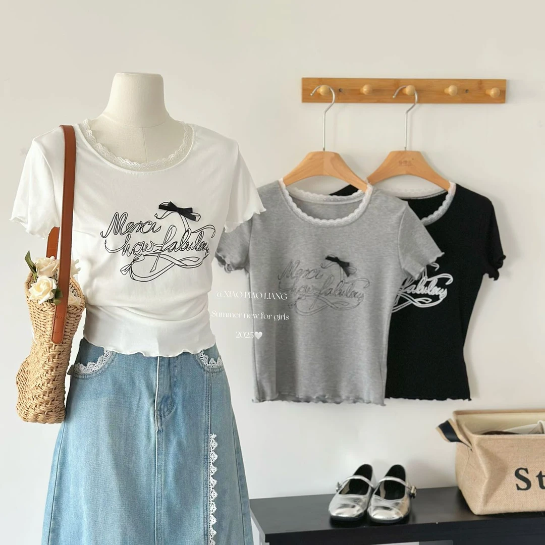 韩系小个子减龄蝴蝶结字母印花学院风T恤蕾丝拼接上衣女7657#0.1