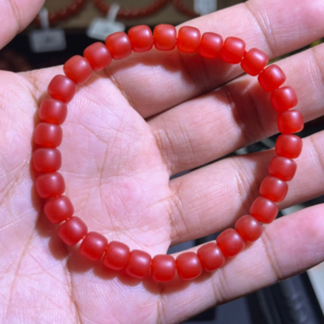 天然保山玛瑙手串6.5mm老型桶珠单圈手链冰红哑光