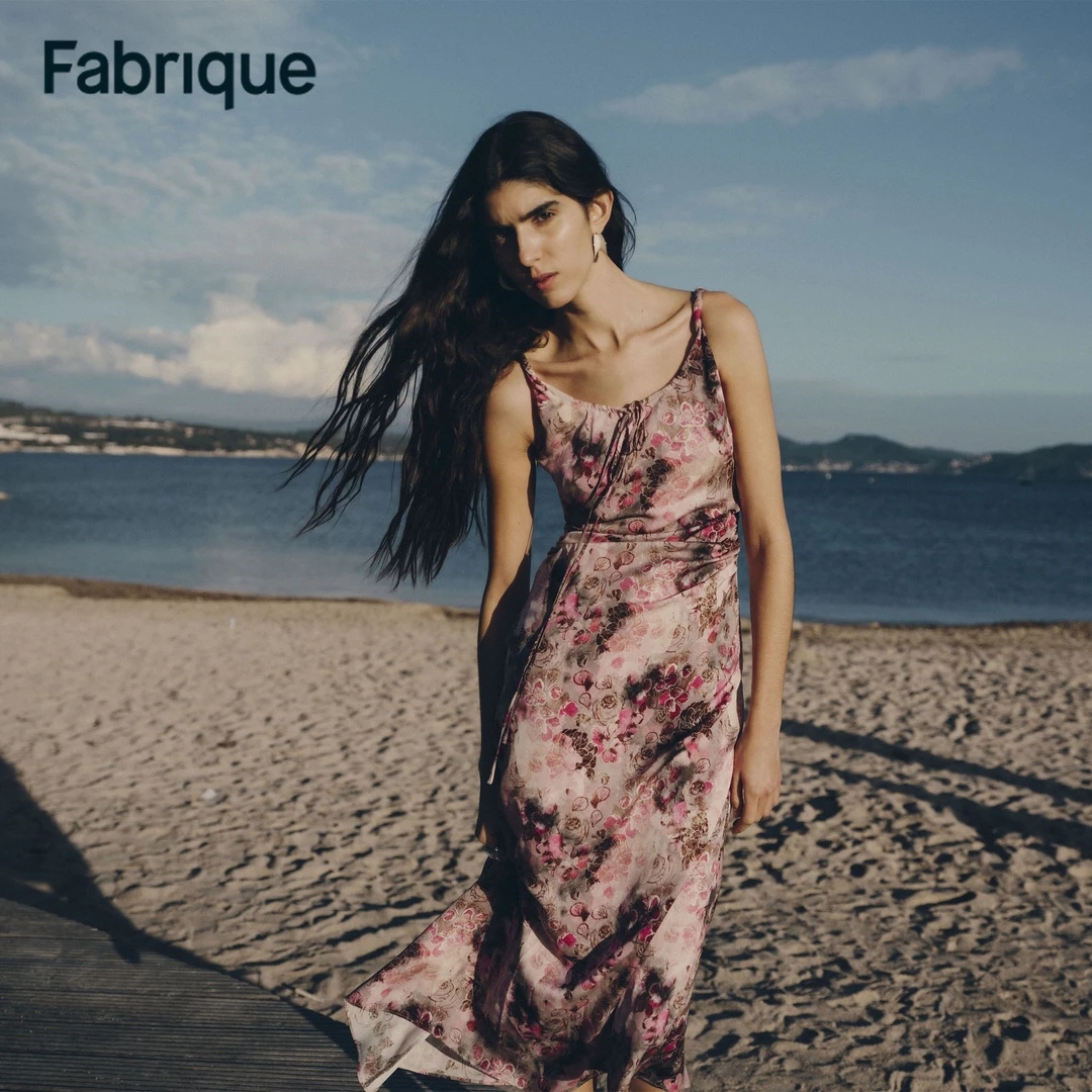 Fabrique Doris【梦境花园】粉黛山茶桑蚕丝U领吊带法式复古连衣裙