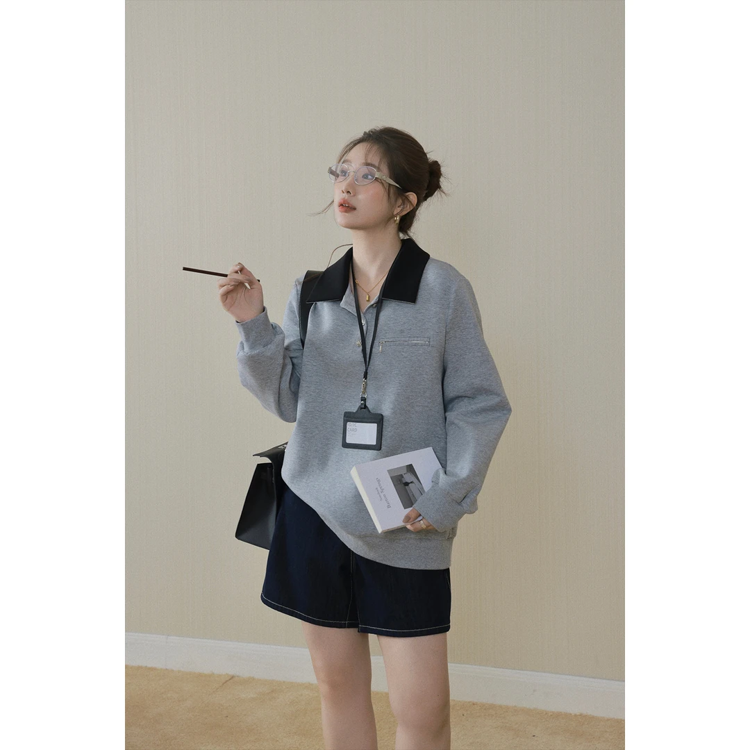 现货大婉酱微胖定制时髦设计感撞色卫衣秋冬宽松Polo领上衣 2639D