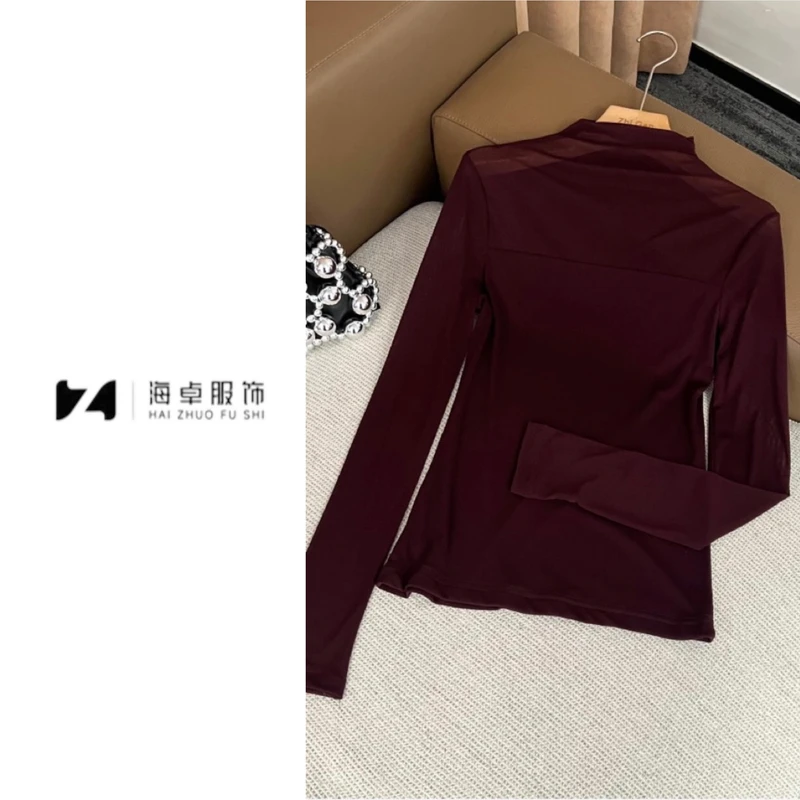 海卓～纯色拼接半高领打底衫女早秋内搭网纱上衣内搭减龄t恤2219