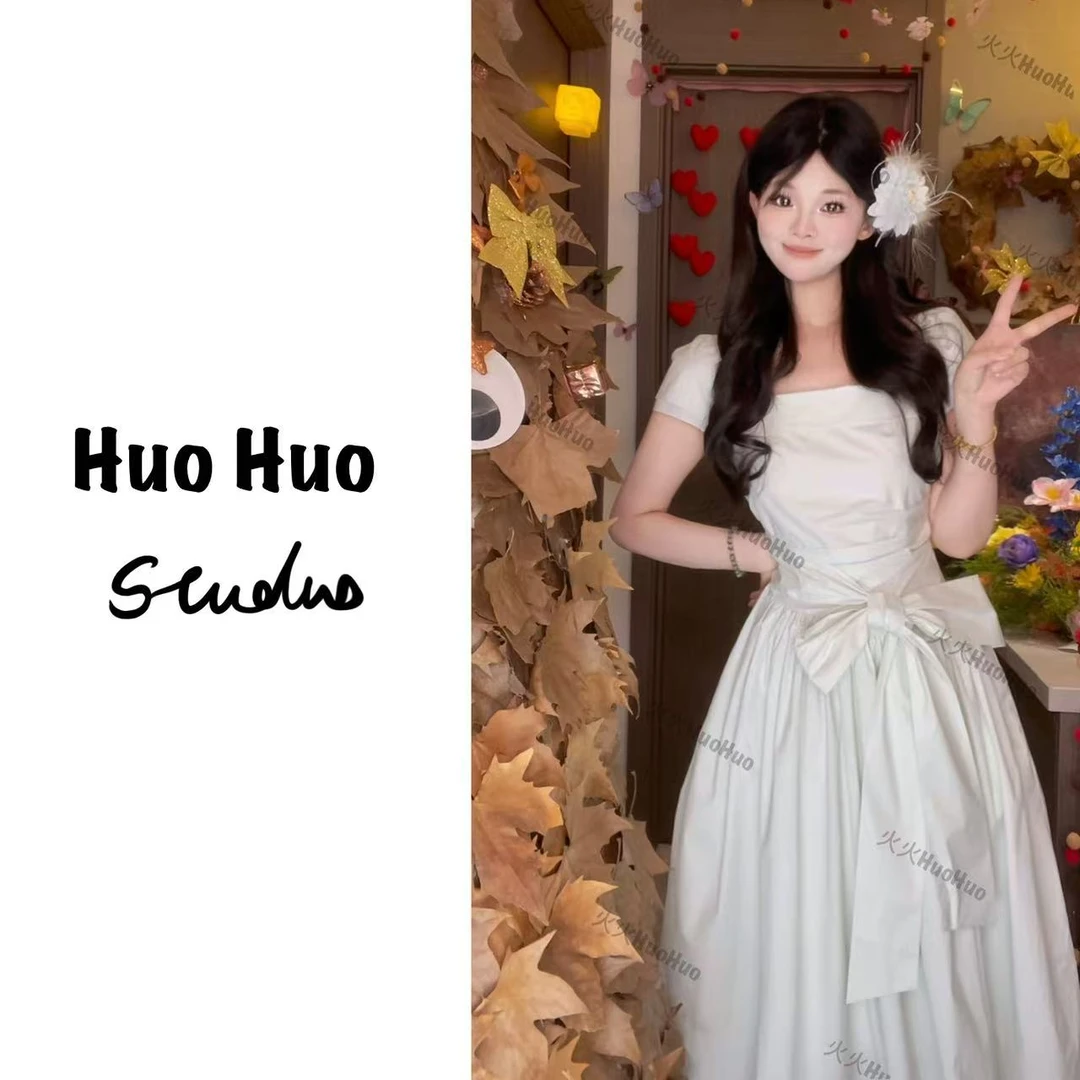 法式蝴蝶结系带方领连衣裙女2025夏季新款气质收腰显瘦长裙子8529