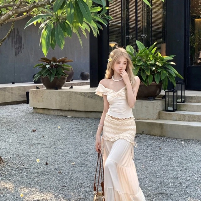 美式辣妹风超仙露肩新款奶系夏季法式一字领木耳边上衣半身裙套装