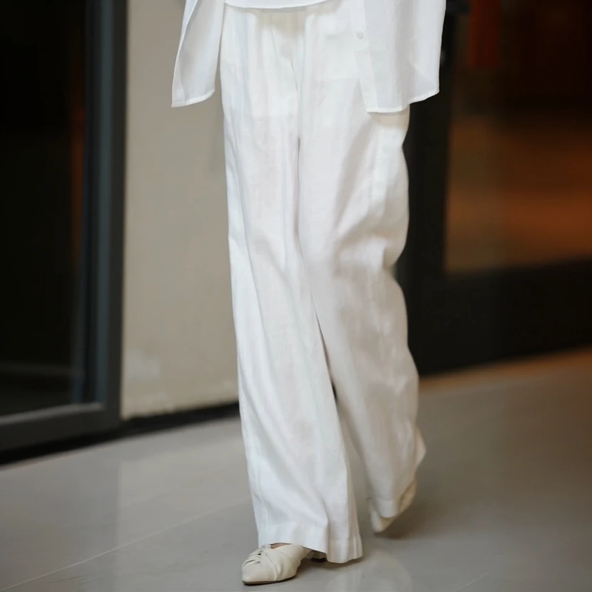 溏朵记 2025夏季新款天丝亚麻高腰松紧腰阔腿裤23271