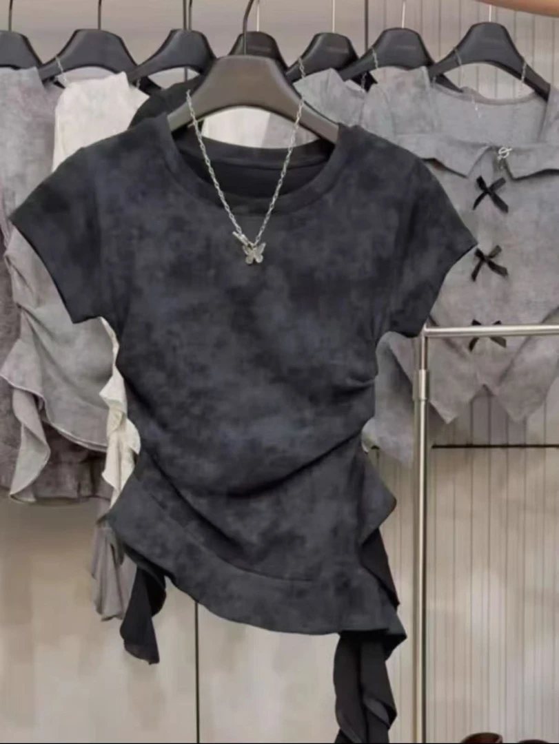 法式V领系带蝴蝶结针织衫短款上衣韩版新款修身网红短袖t恤女ins