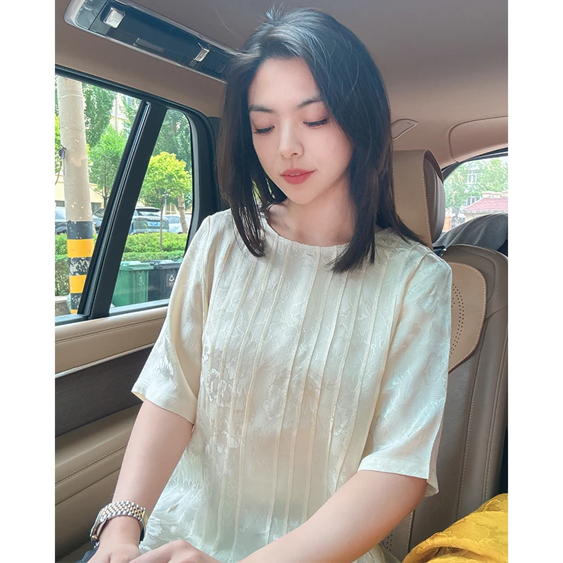 美美国风【全手工】新款压褶时尚复古暗纹提花半袖新中式小衫689