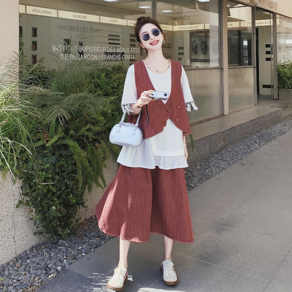 韩系短袖马甲半身裙套装女夏2025新款慵懒感遮肉显瘦A字裙三件套