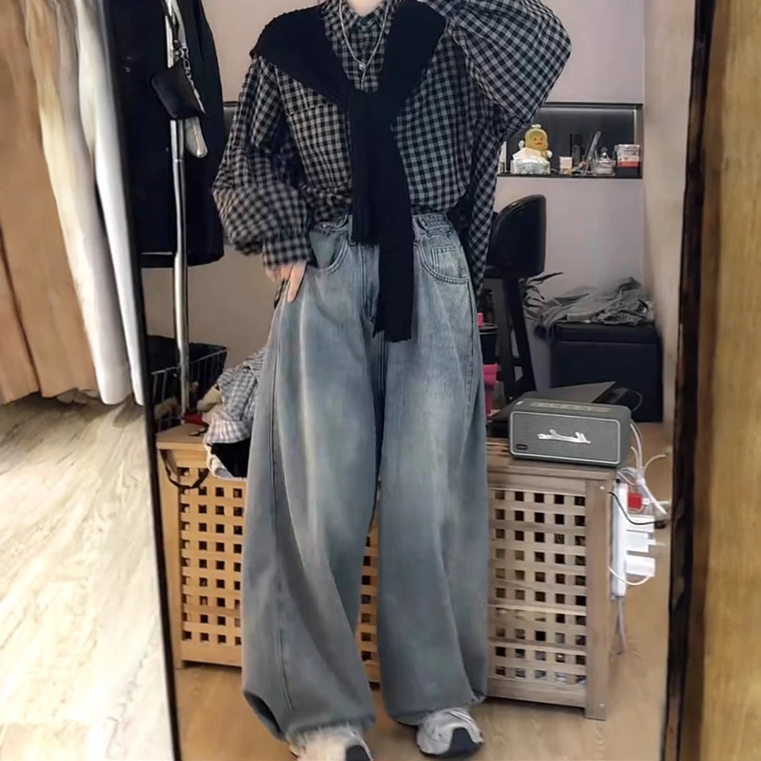 复古高街阔腿牛仔裤女2025秋季新款设计感高腰宽松遮肉显瘦拖地裤