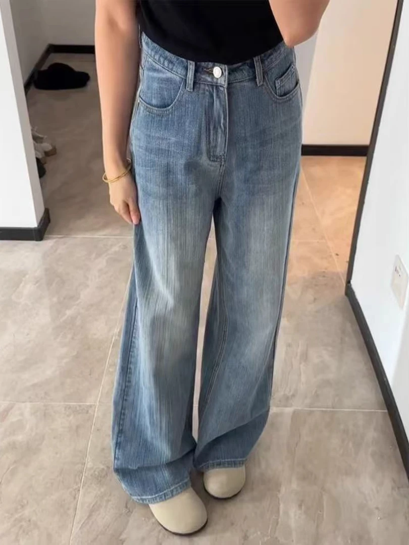 浅蓝色美式复古直筒牛仔裤女秋季新款大码胖mm竹节纹垂感阔腿长裤