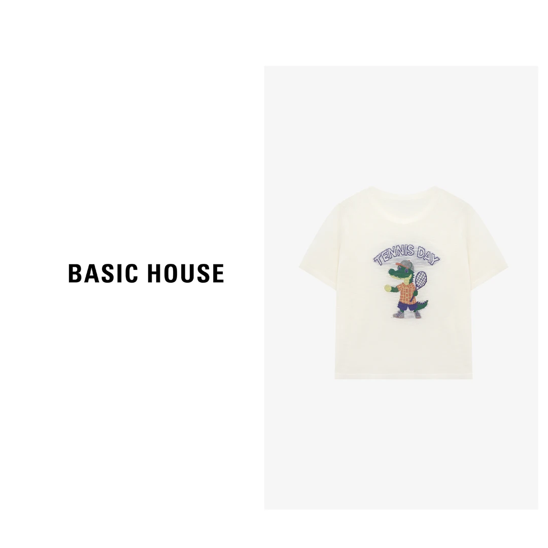 Basic House/百家好夏季宽松卡通印花圆领针织衫-B0625B5D032纯
