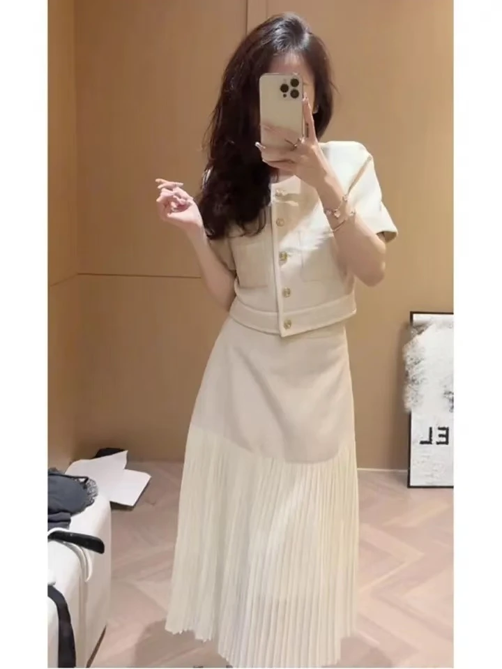 夏季小香风套装裙短款短袖上衣雪纺拼接半身裙两件套