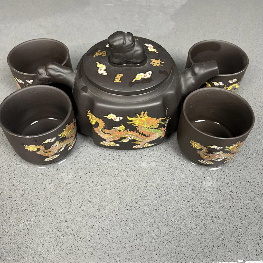 紫砂原矿四方变色龙凤壶茶壶貔貅一壶四杯320ml   cc 1