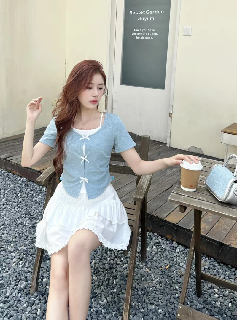 508#假两件短袖t恤白色蛋糕蓬蓬短裙套装