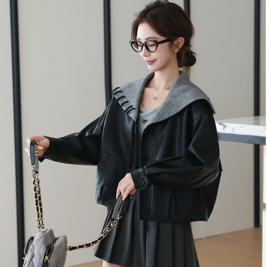 早秋新款设计感海军领皮衣夹克女休闲显瘦短款外套