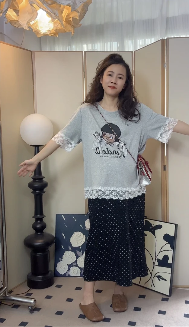 梨形身材穿的孕妇装两件套夏季减龄遮胯T恤无托腹波点半身裙套装