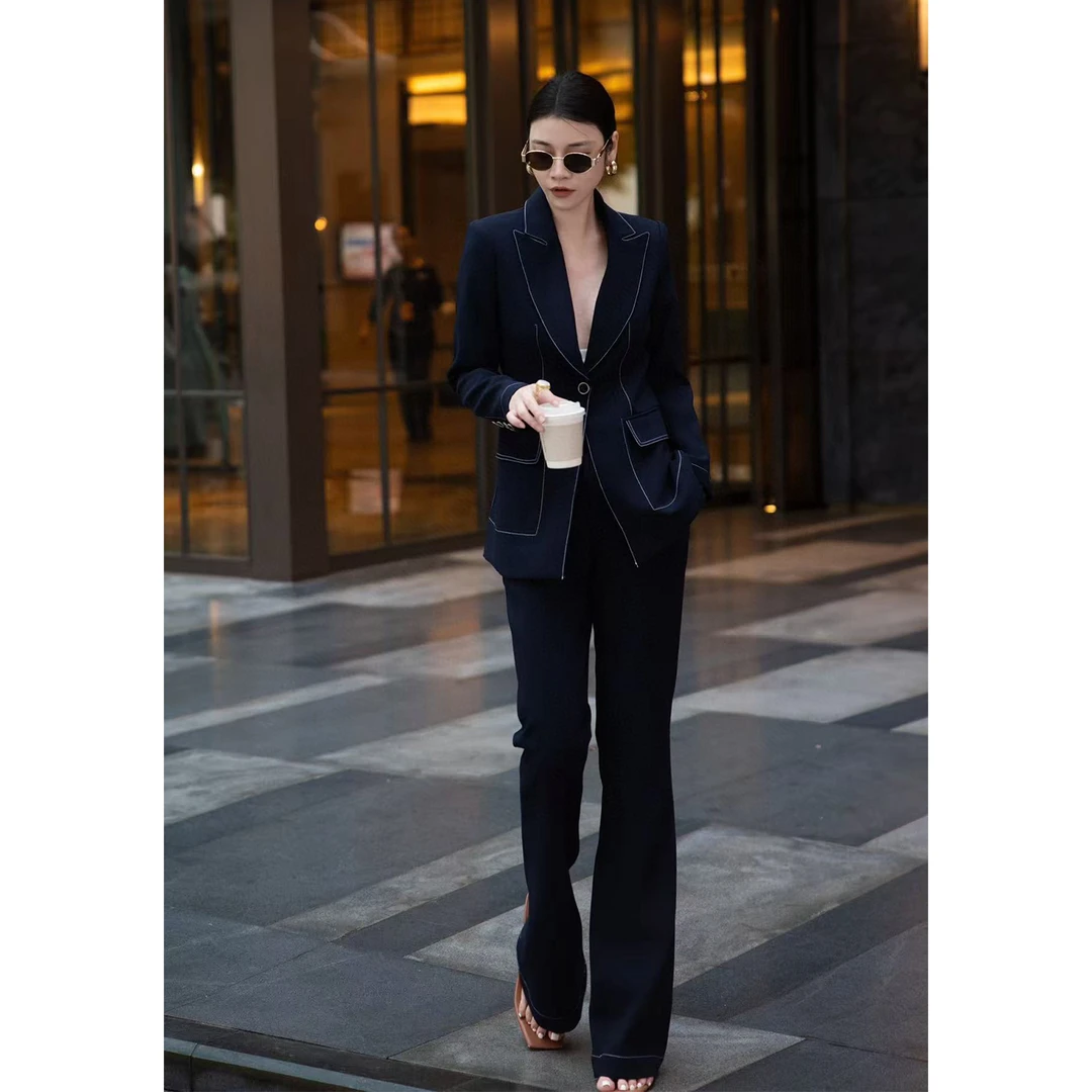 欧美老钱风修身一粒扣气质型格牛仔西装微喇长裤套装两件套秋冬潮