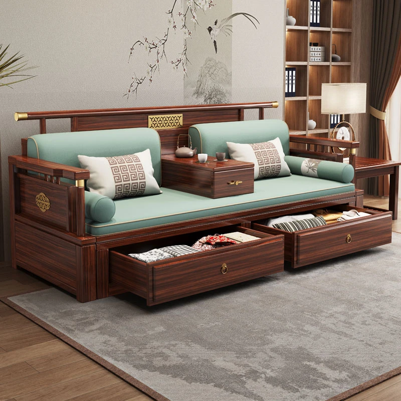 新中式全实木罗汉床茶桌组合沙发床抽屉储物小户型现代两用可折叠