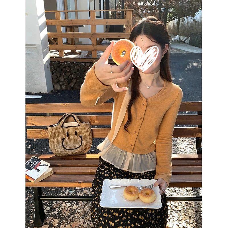 【运补6】韩系温柔拼接裙摆针织上衣秋季长袖甜美小衫半裙套装