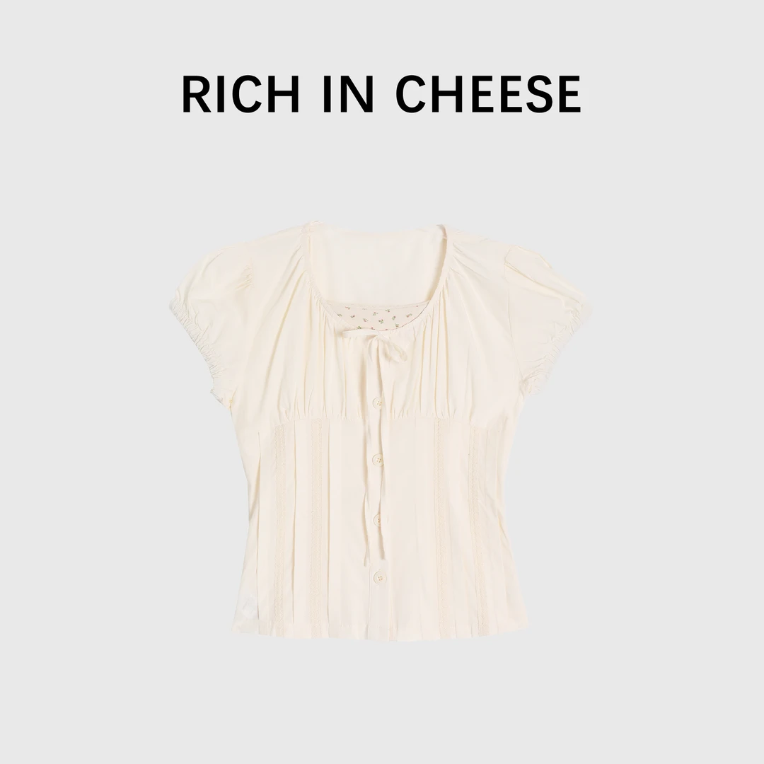 RICHINCHEESE 曲奇饼干 浅黄泡泡袖抽褶假两件拼接收腰T恤