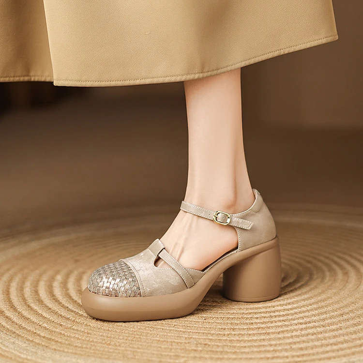 牛皮~7cm夏季新款粗跟圆头厚底时尚百搭法式真皮编织包头高跟凉鞋