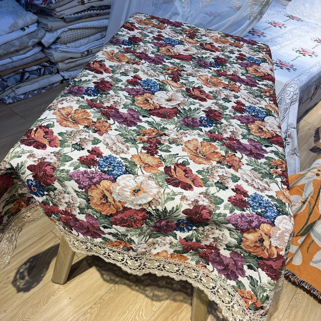 DY231-3-3棉麻（130*170cm长方）红牡丹花边蕾丝边桌布精美