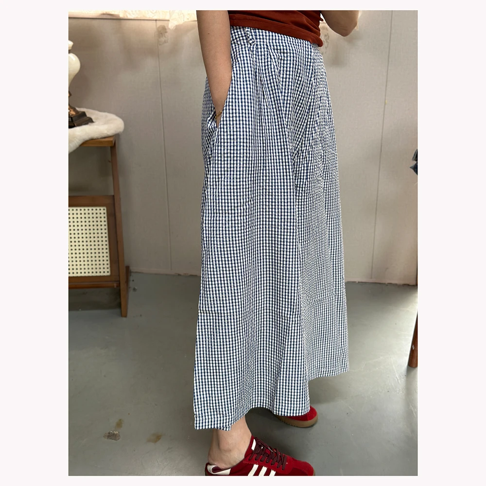 ZR065 夏季新款女士休闲格纹阔腿裙裤