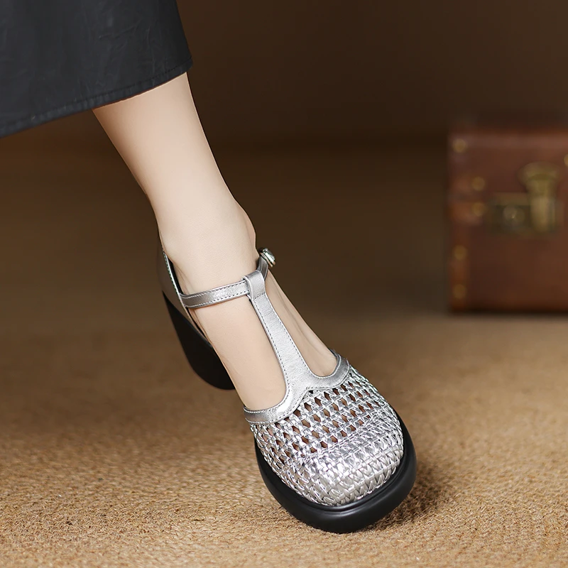 小个子增高8cm~厚底中空包头凉鞋女银色小众镂空编织休闲鞋女鞋子