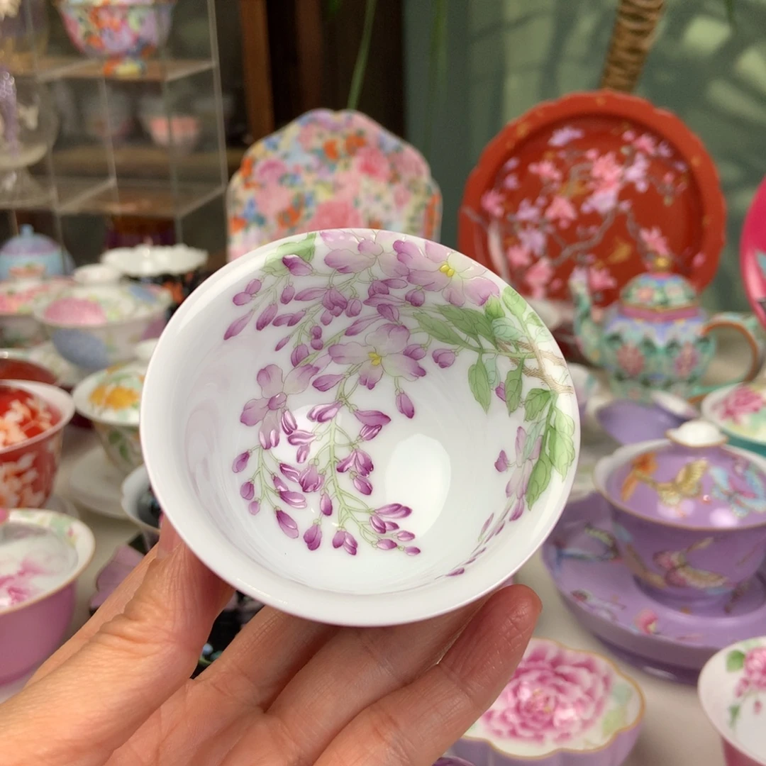 陶景德镇紫色枝藤花压手杯