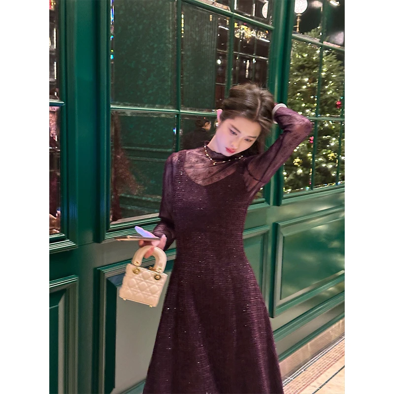 凌茜【逐琴】法式紫色蕾丝透视吊带优雅连衣裙女春肌理感长裙套装