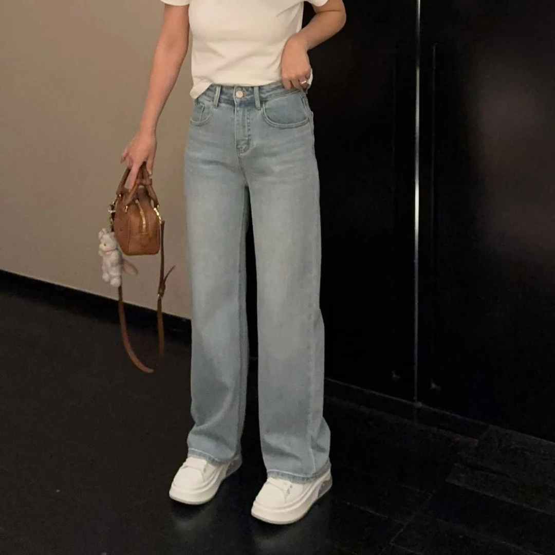 玳妮【蕾丝阔腿裤】早春款高腰浅色系水洗直筒裤窄版显瘦气质牛仔裤