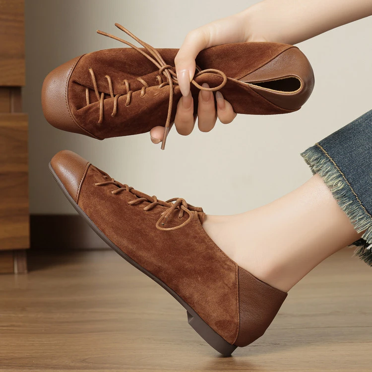 25新款牛皮1cm文艺复古圆头深口系带皮鞋新款平底休闲单鞋