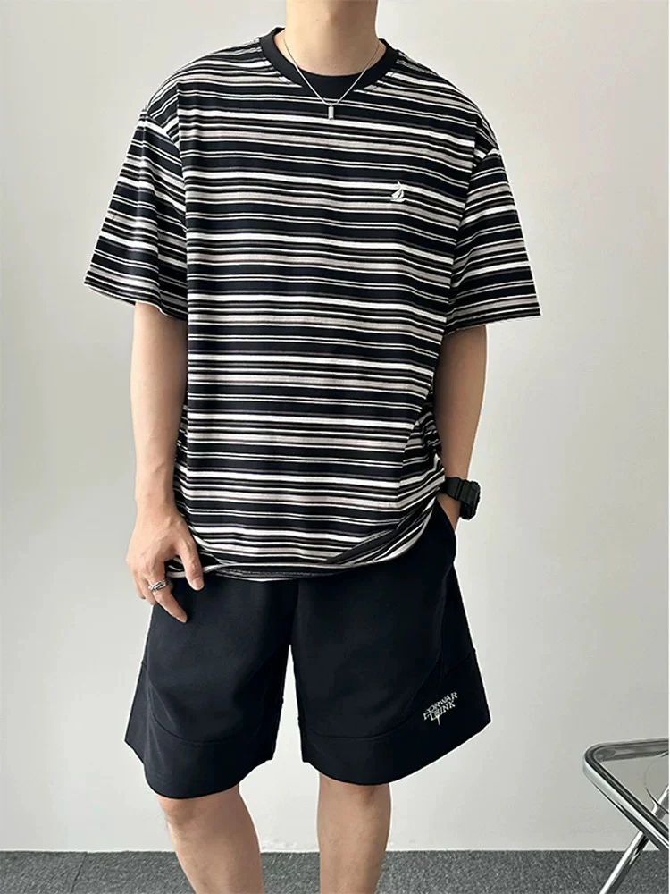 2025新款日系复古潮牌撞色条纹短袖T恤男夏季刺绣圆领半袖上衣潮