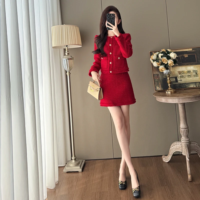 小香风红色毛呢两件套女秋冬高级感时尚御姐轻奢洋气小香风套装裙