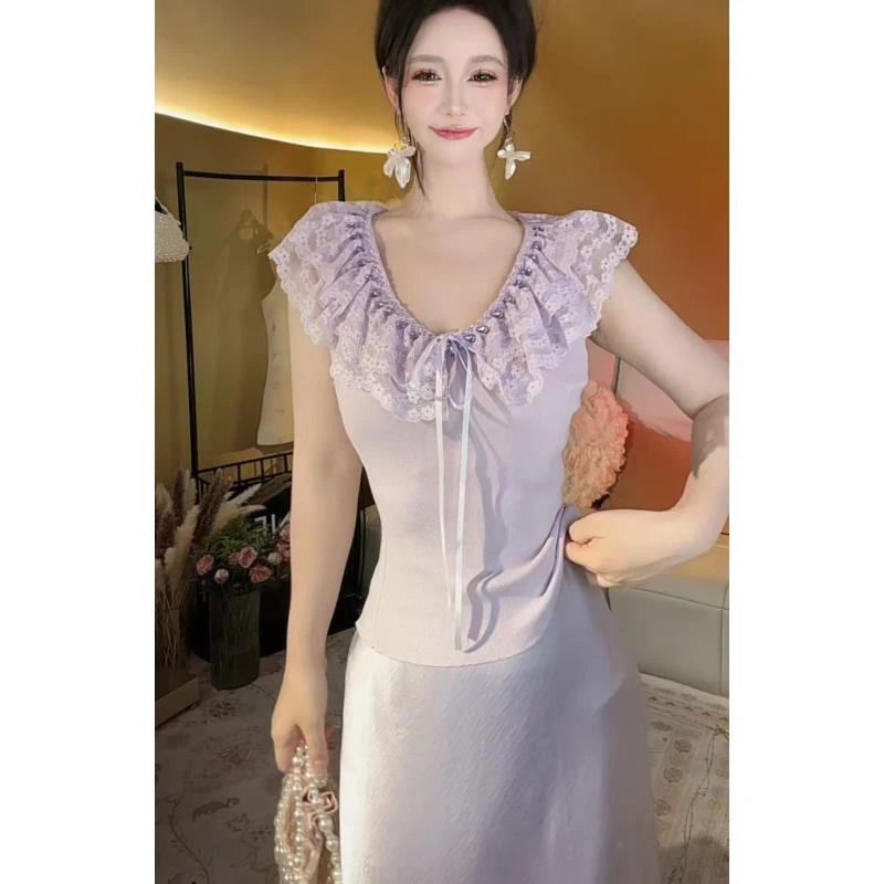 【崔】Z0319纯色休闲气质领口蕾丝修身上衣显瘦V领针织衫