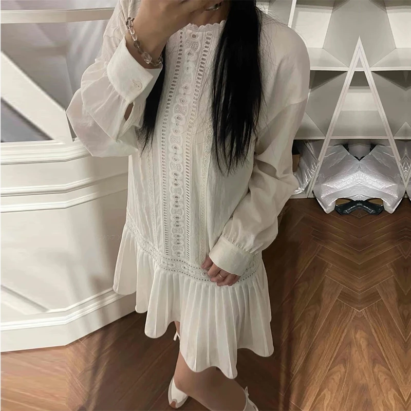 高端货~法蕾梦境感纯白温柔系百褶波浪裙摆长袖连衣裙女秋季气质