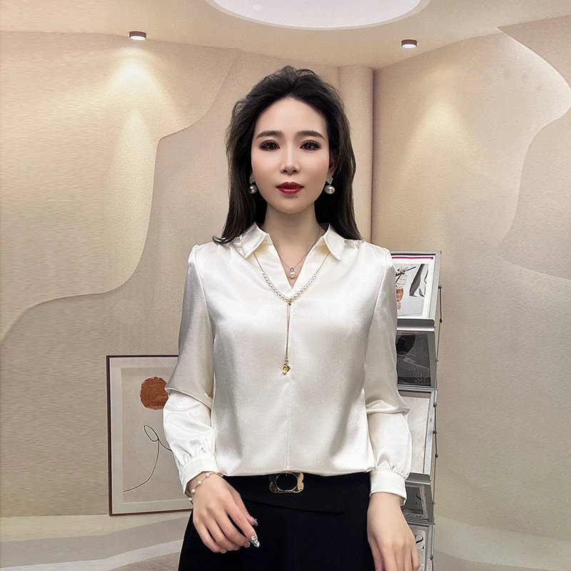 2025春季新款宽松项链百搭衬衣时尚气质洋气缎面长袖衬衫显瘦上衣