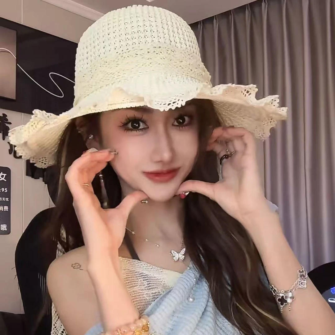 法式蕾丝花边镂空草帽夏季沙滩海边太阳帽韩版蕾丝大檐草帽女士