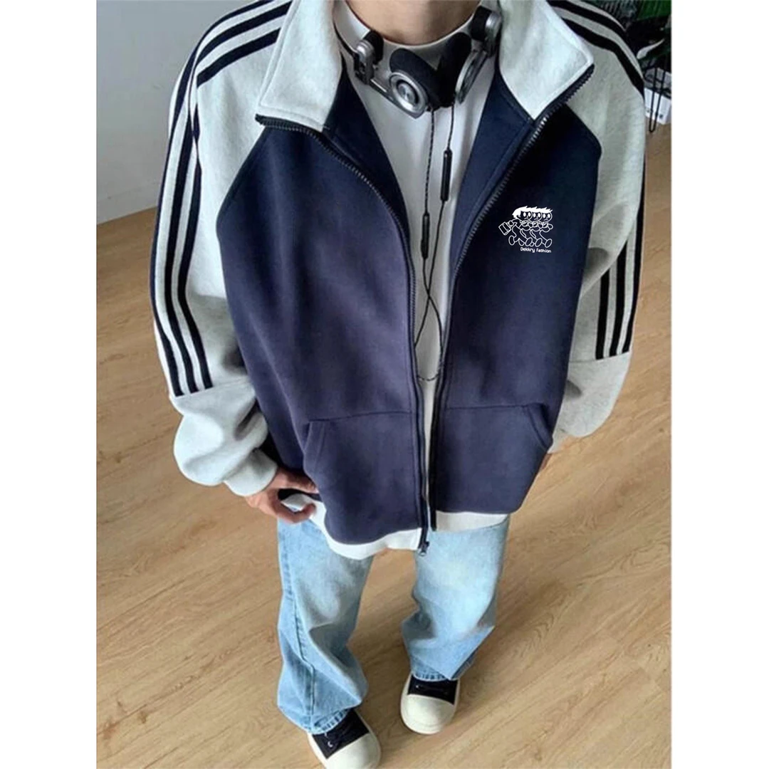 美式卡通小人字母印花拼接三条杠卫衣男女秋冬季休闲立领拉链外套